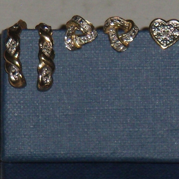 3 Pairs Diamond Gold Heart Knot Curve Earrings